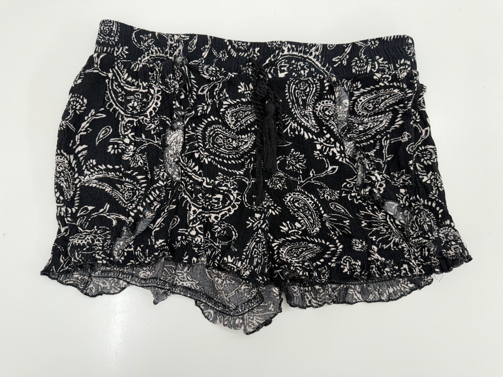 Mudd Womens Juniors Shorts Size XS Black Paisley Flowy Ruffled Elastic Waist